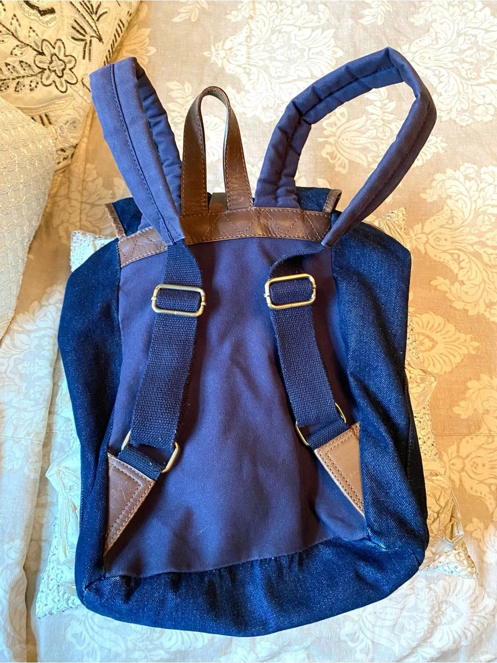 Jack Wills Blue Denim Canvas Cinch Top Backpack Leather Trim